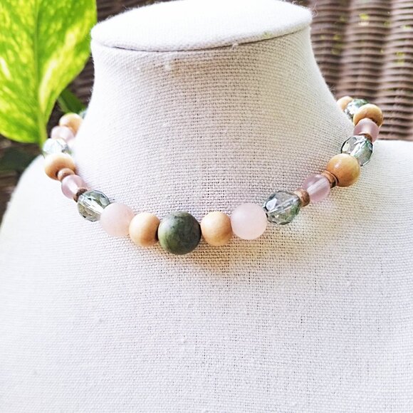 Unique Jade & Wood Bead Choker | Chunky Boho Necklace | Granola Girl Necklace - Picture 7 of 8